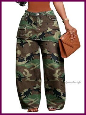 Womens Baggy Cargo Jeans Skirt Overlay Pants Pockets Wide Leg
